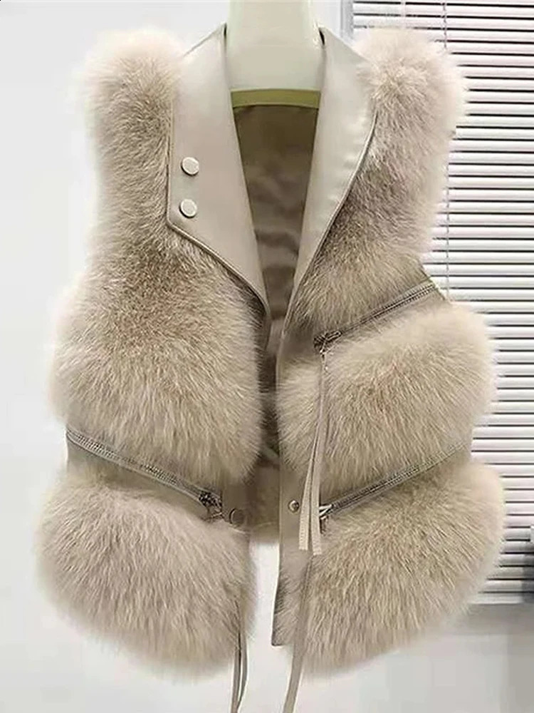 Artificial fox fur womens leather jacket spring street fashion ultra-thin sleeveless zipper womens coat autumn fluffy coat 240927