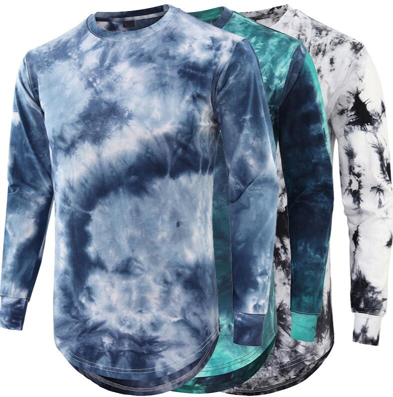 2024 T-shirt à manches longues à col rond dégradé tie-dye pour hommes en grande taille, pull ample et tendance pour couples, haut de base décontr