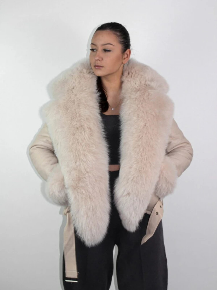 RR2830 Womens Retro Double sided Fur Lined Jacket Faux Fox Fur Collar Fluffy Warm Winter Coat Waist Leather Jacket 240927