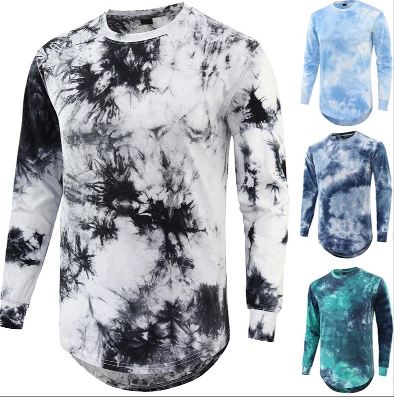 T-shirt à manches longues à col rond dégradé tie-dye pour hommes en grande taille, pull ample et tendance pour couples, haut de base décontracté