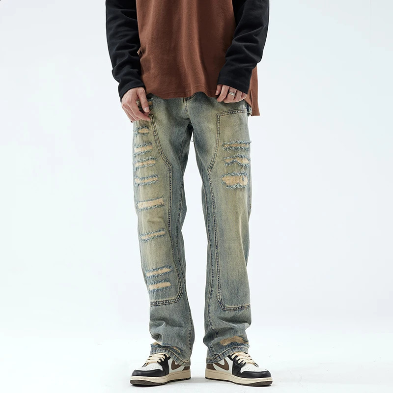 High-end American high street yellow mud hole mens jeans summer straight thin micro-ram beggar pants male models 240927