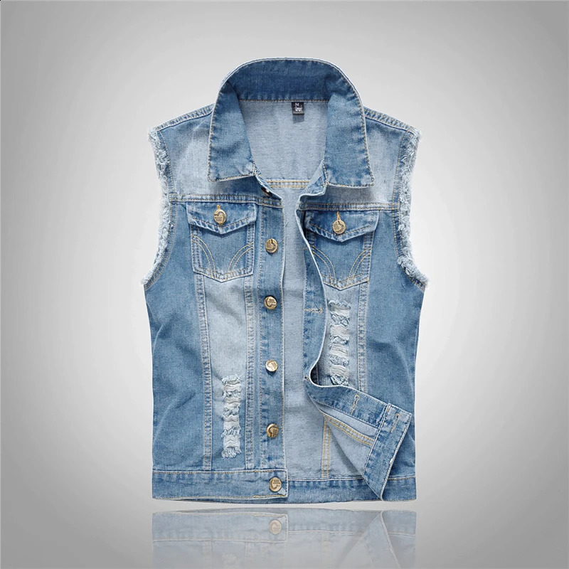 Mens high-grade Denim Vest cotton Casual Jacket Sleeveless Waistcoat 80s Jean top Coat Ripped Male Cow Jacket 240927