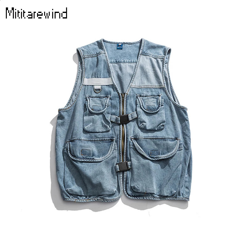 Japanese Style Mens Vest High Street Casual Cargo Denim Vest V-neck Sleeveless Blue Jean Jacket Youth Trend Streetwear Waistcoat 240927