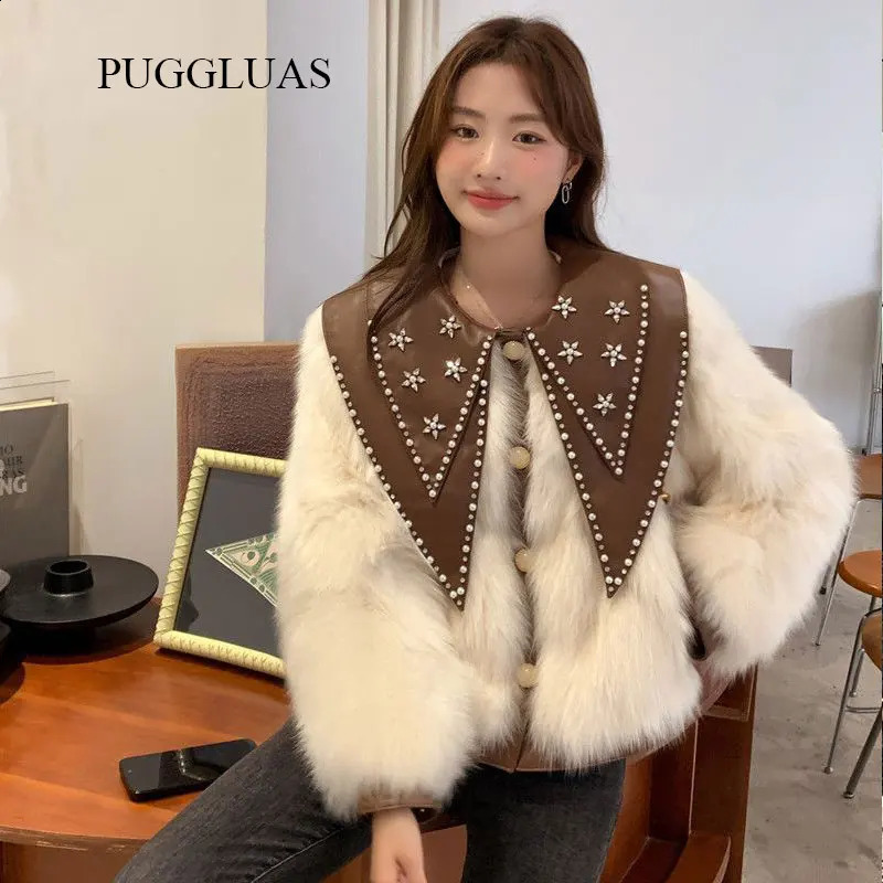 Autumn winter thick warm fluffy faux fur coat brown Pu leather Peter Pan collar er jacket womens clothing 240927