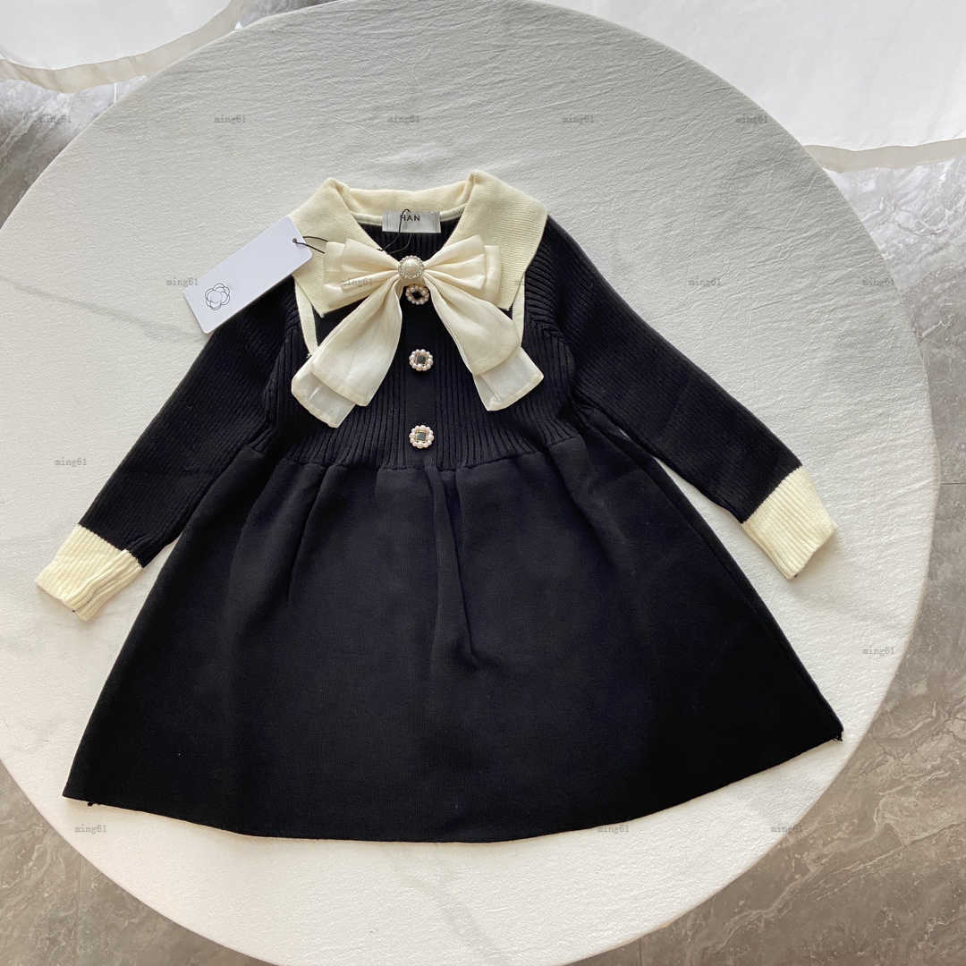 Brand Girls dress Bow decoration Baby dress designer kids Clothes Knitted splicing design girls dresses Long sleeves baby skirt-image-1022951363