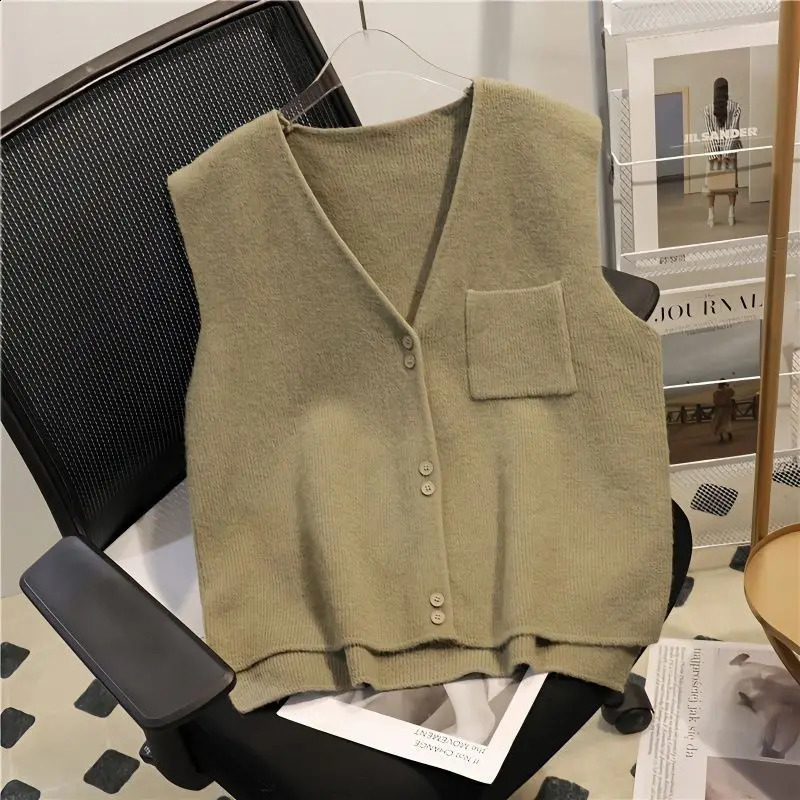 Womens clothing autumn winter V-neck solid color button sweater knitted sleeveless jacket casual elegant vest fashionable top 240929