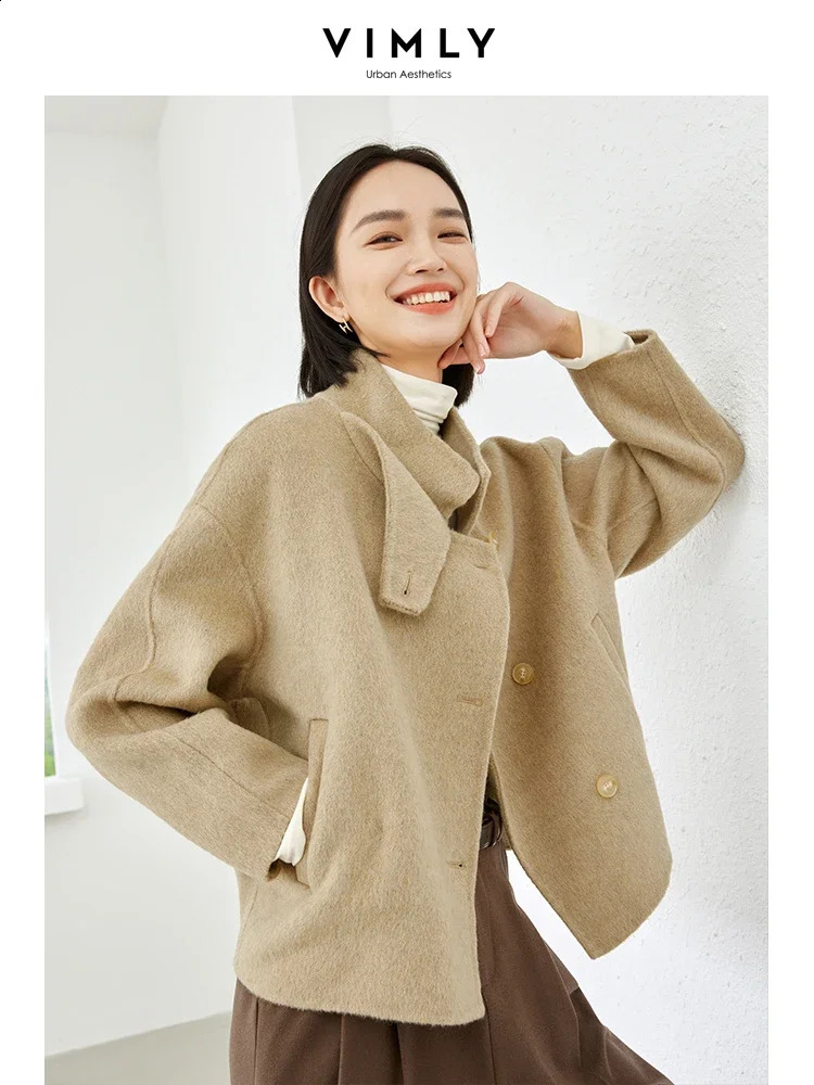 Vimly Womens Winter Wool Coat Stand up Collar Single Chest Thick Warm Long Sleeve Crop Jacket 50759 240924