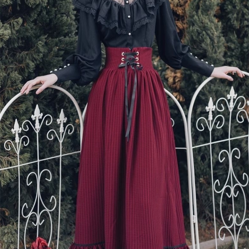 Retro Gothic two-piece dress set womens black lace ruffled shirtlace top Midi Skirt winter retro casual set Y2k 240927