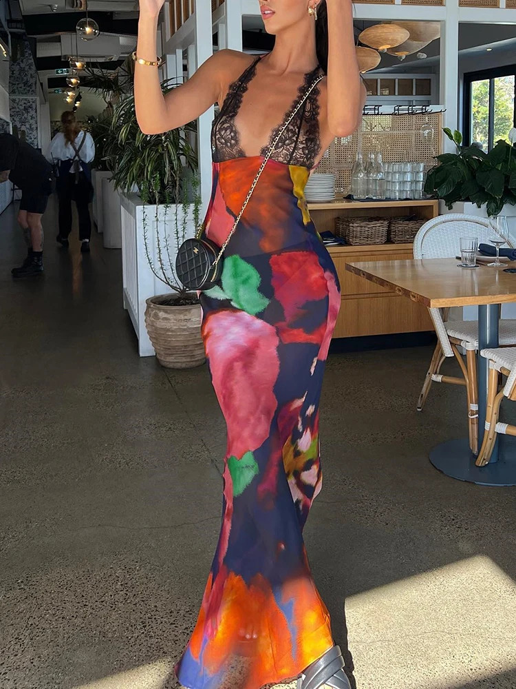JULISSA MO elegant tie dye floral chiffon dress summer sexy womens backless lace bodysuit See Through Beach Party Vestitos 240929