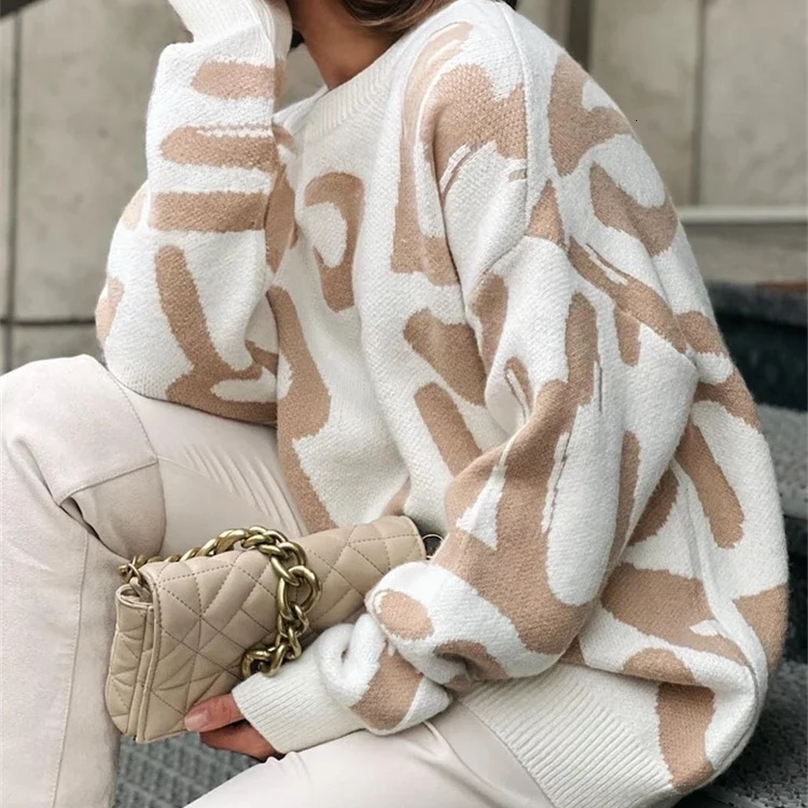 Pullage pour femmes d'hiver Imprimé vert éclairage surdimensionné à collier o-cou classique en tricot rétro tricoté Pull 240923CJ