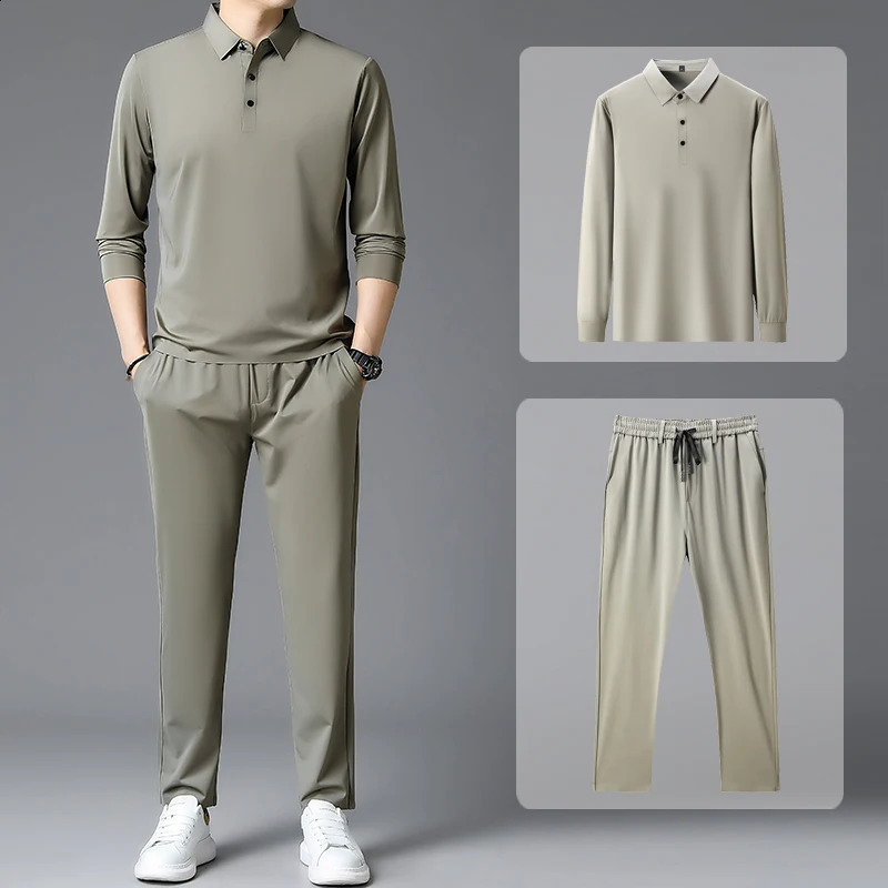 Seamless Spring and Autumn Mens Set Long Sleeve Solid Color Mens Polo Shirt Fashion Elastic Waist Mens Pants 6XL 240929
