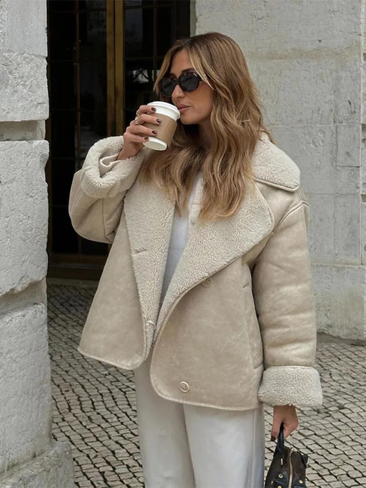 Womens Fashion Collar Faux Leather Jacket Fashion Single breasted Long sleeved Pocket Warm Jacket Womens High Street Wear 240923