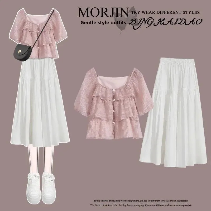 2024 style mousseline de mousseline jupe blanche femme minceur de costume de robe assouffée ensemble de robes douce 240927