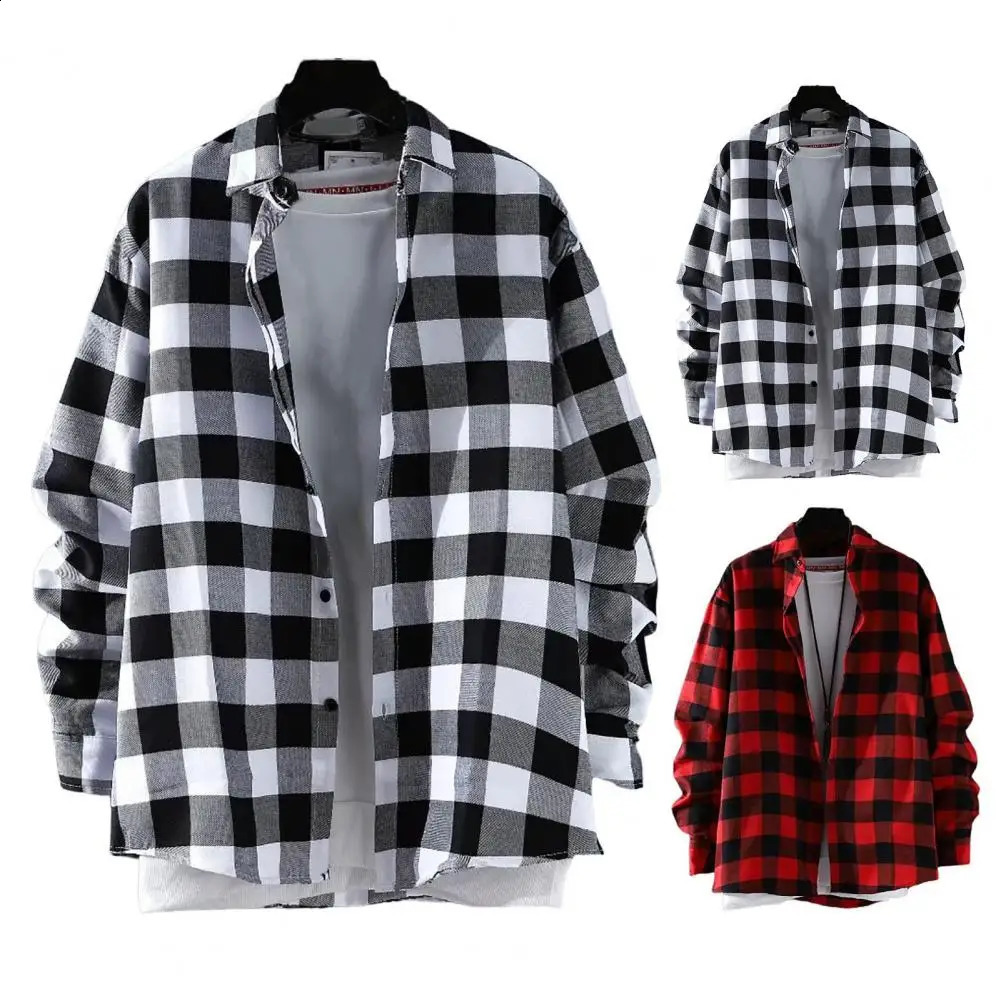 Plaid Shirt Mens Long Sleeve Korean Thin Buttons Men Autumn Spring Casual Coat Oversize Loose Cardigan 240927