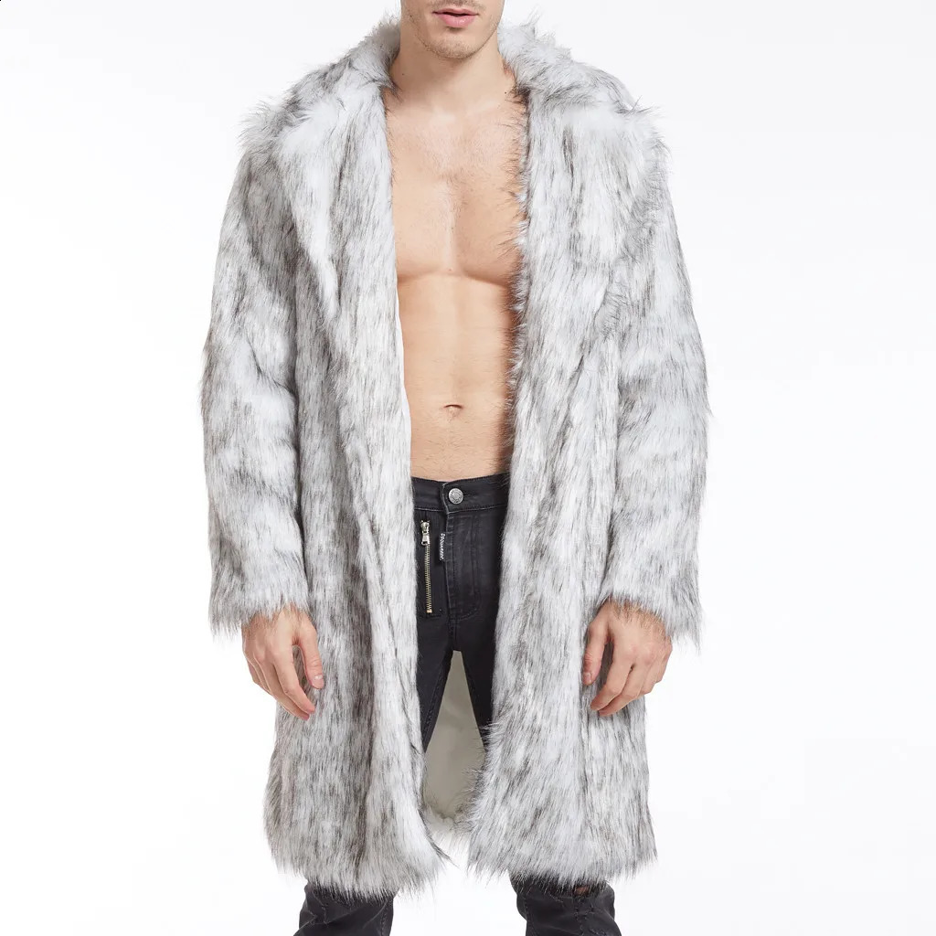 Winter Thickened Mens Fur Overcoat Jacket Faux Fur Warm Male Long Sleeve Coats Mid Length Turn-Down Collar Mens Long Fur Coat 240929