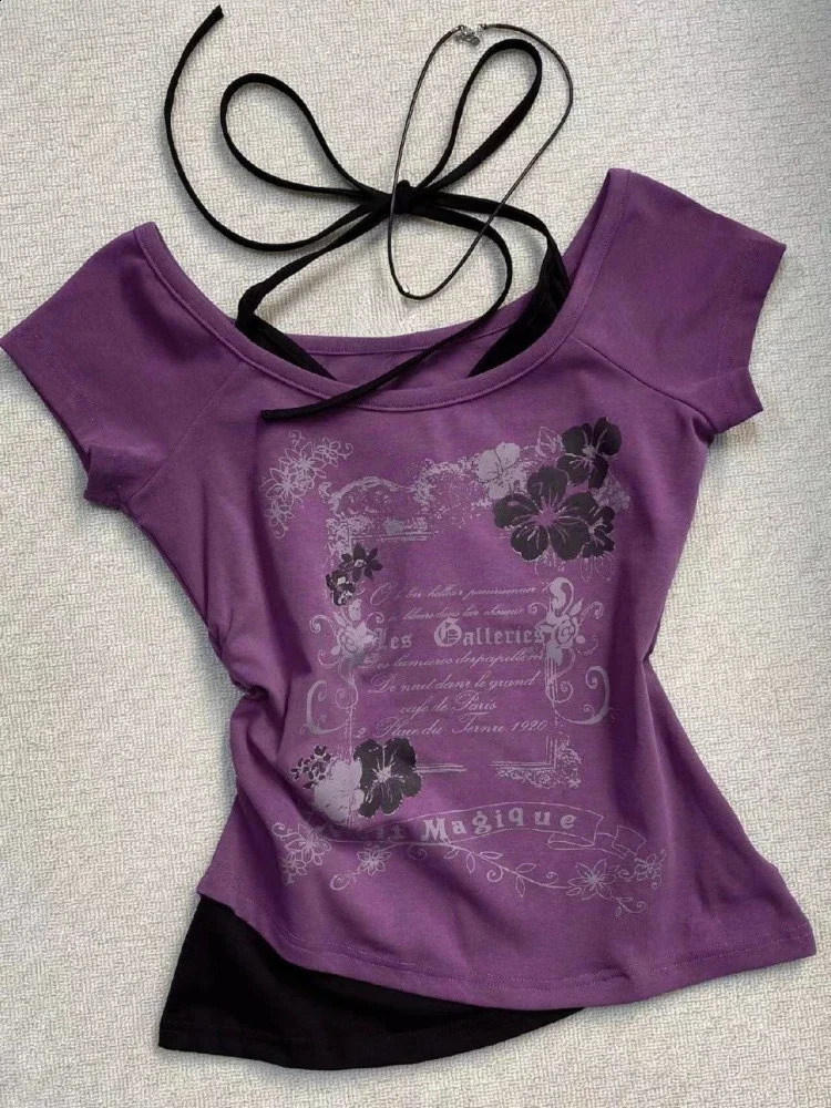 Été rétro violet licou falseTwo pièce imprimé T-Shirt femmes Y2K Streetwear fille coupe ajustée Harajuku mode décontracté hauts 240929