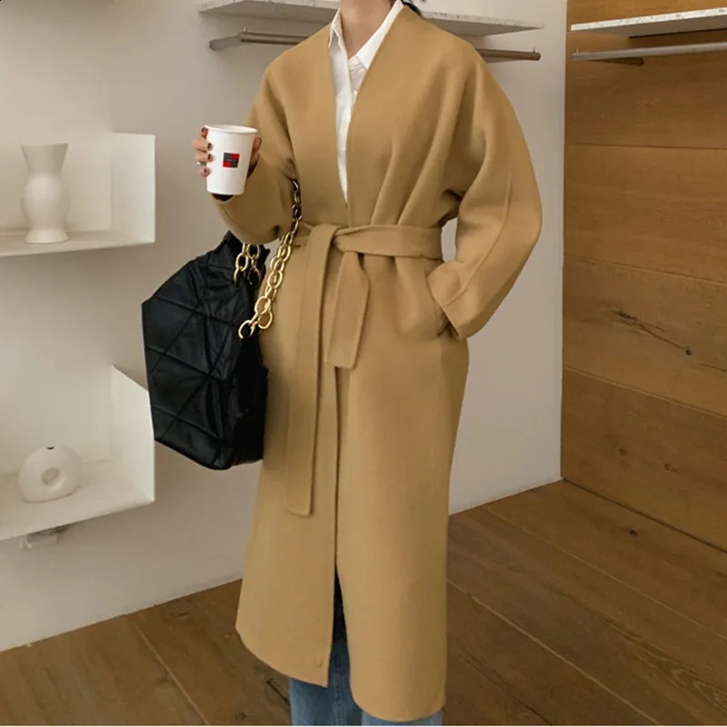 Adjustable waist long sleeved Coats womens alpaca jacket casual coat autumn and winter snow 240924