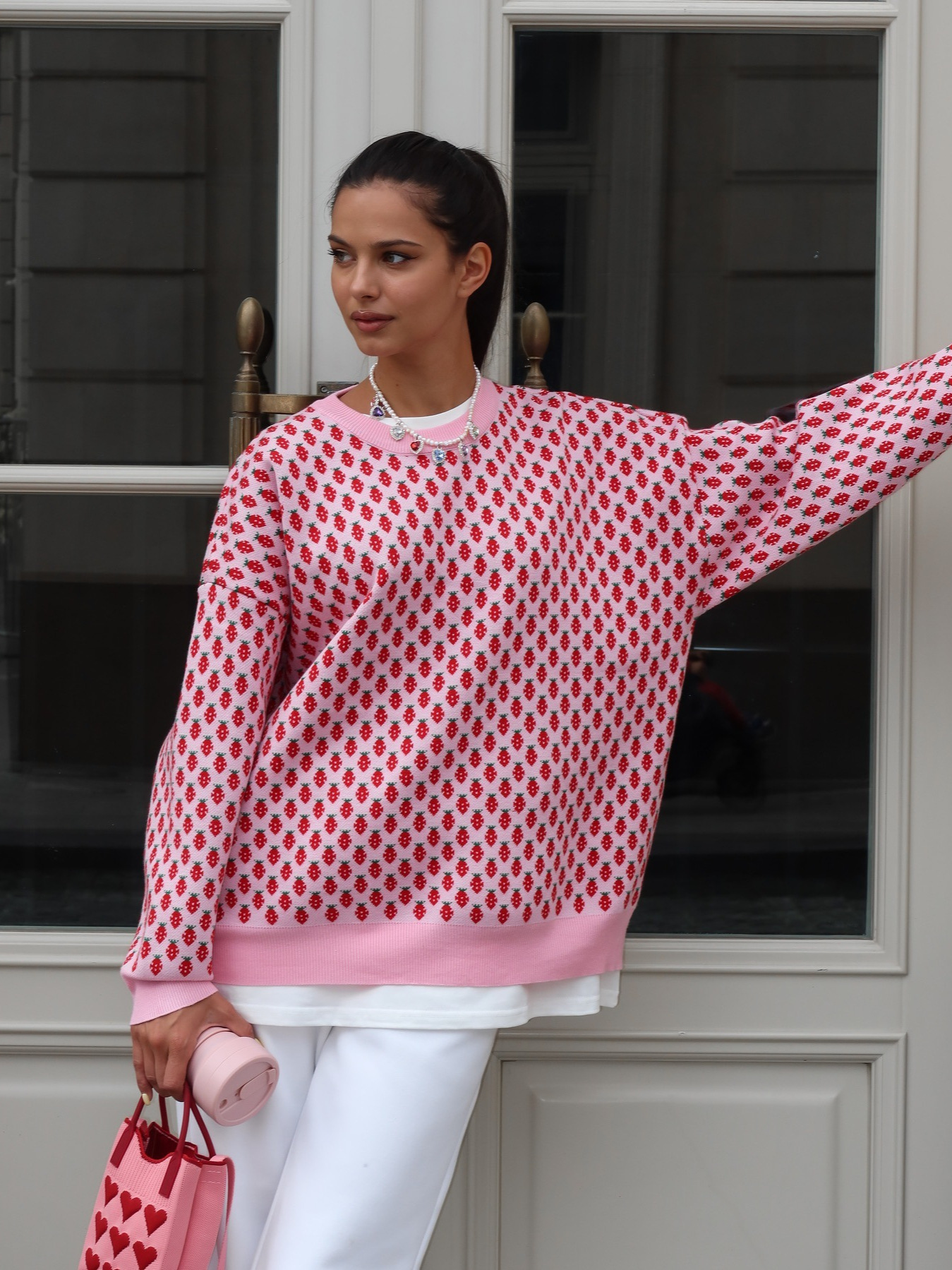 Prilser pour femmes Strawberry Broidered Top mignon mignon décontracté-col de fille rétro tricotée pull d'hiver Vêtements de Noël de vacances d'h