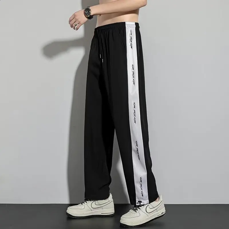 Spring and autumn elastic waist brushed patch work mens pants with loose pockets and fully matched straight trend casual pants 240929