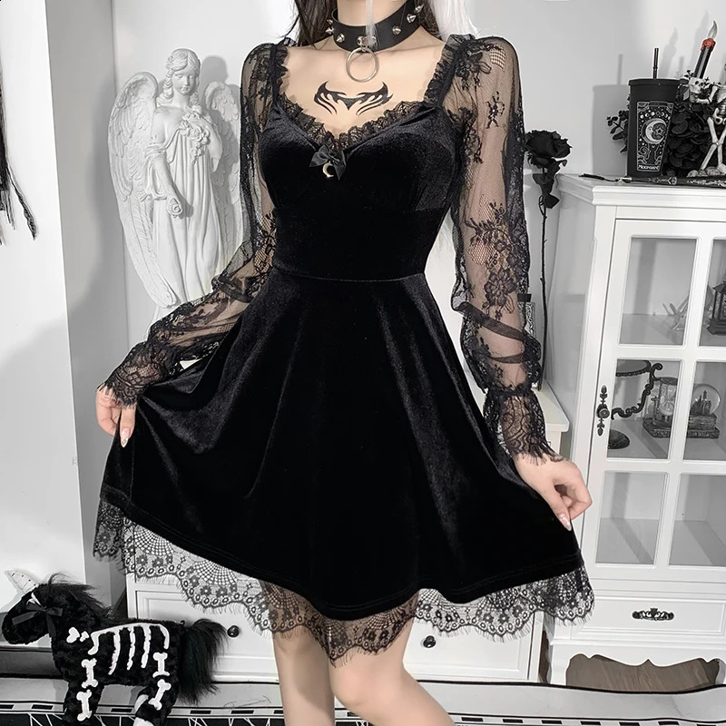 E-girlRunge Gothic Black Mini Dress Lace Decorative High Waist Tight Dress Y2K Womens 90s Retro Punk Harajuku Lolita Dress 240929