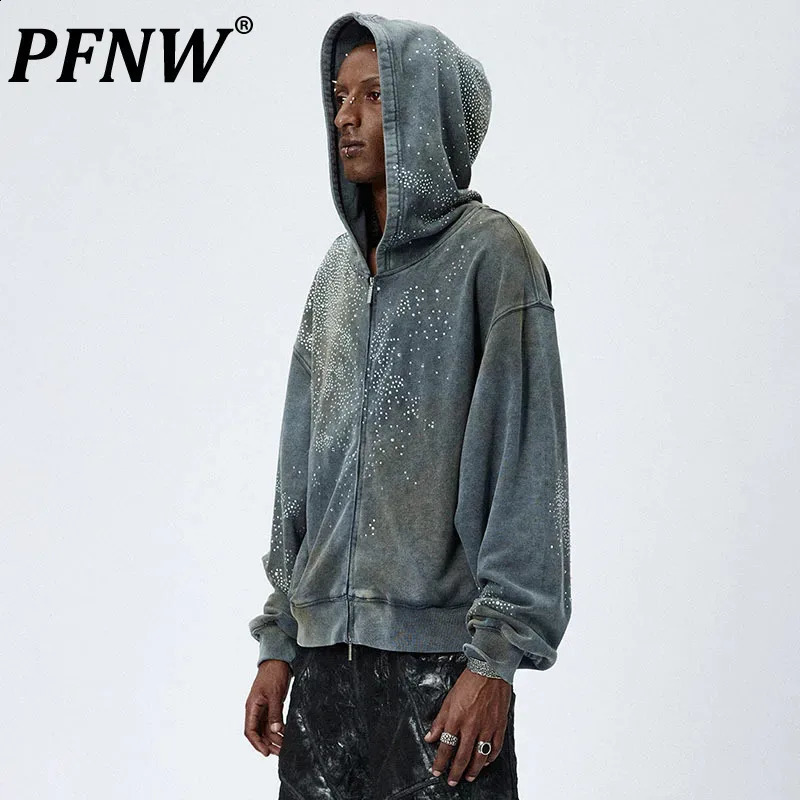 PFNW Mens Rhinestone Hoodie Zipper Sweater American Fashion Street Mens Coat Autumn 28W1464 240929
