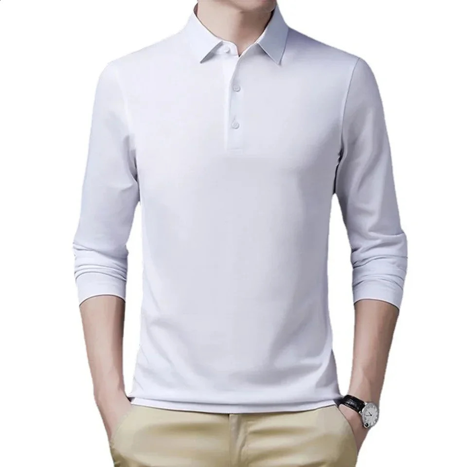 Fashionable autumn spring mens long sleeved polo neck pure cotton black and white business T-shirt 240929