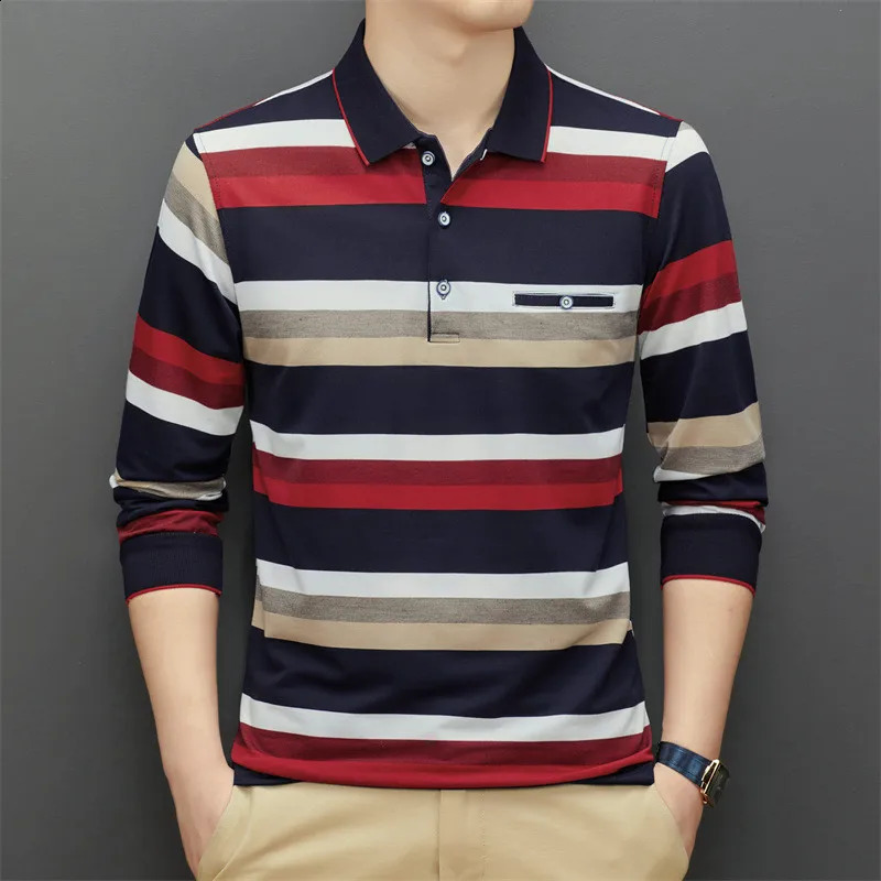 95% pure cotton polo shirt mens long sleeved striped autumn spring casual clothing street clothing er clothing mens shirt 240929