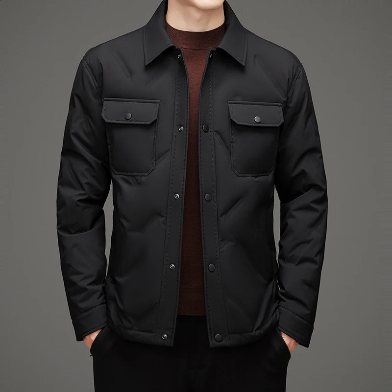 High end autumn and winter mens lightweight down jacket business casual solid color warm button ultra-thin short inflatable jacket 240920