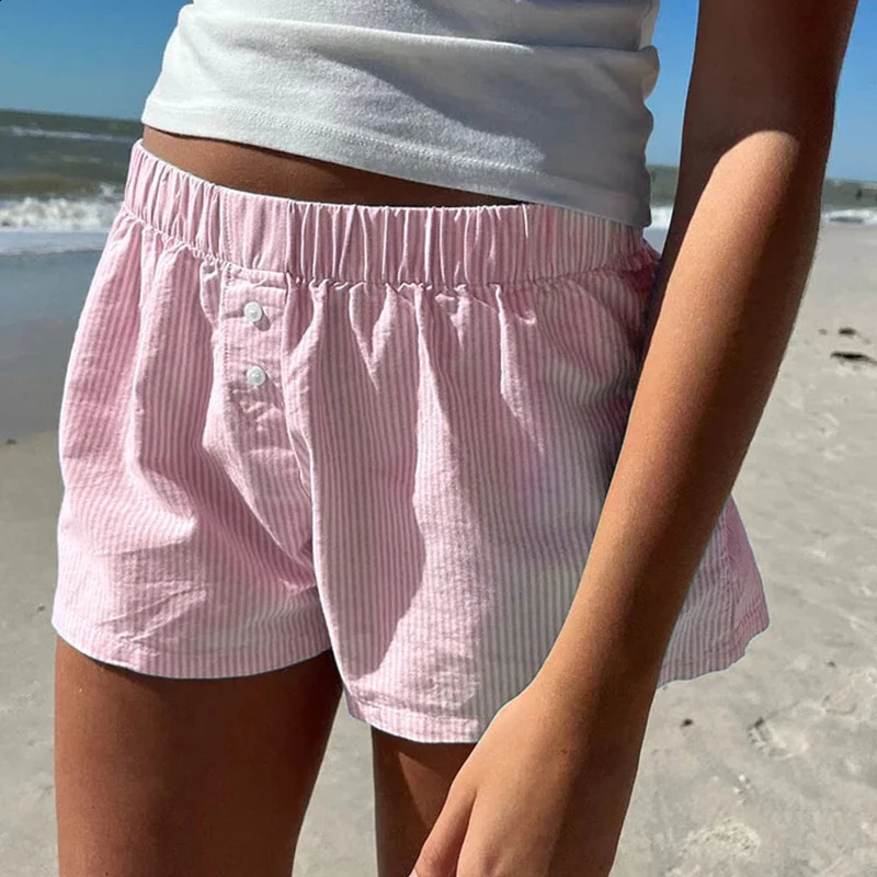 Cuteandpsycho Striped Print Casual Shorts for Women Elastic Waist Fashion Button Bottoms Streetwear Chic Basic Y2K Loose 240927