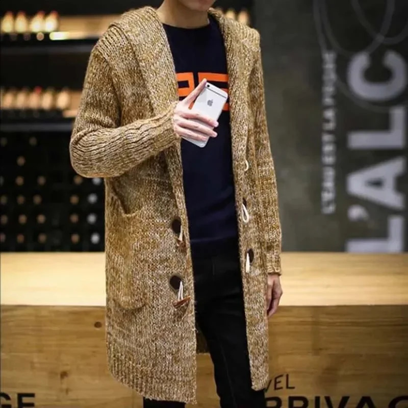 Mens Cardigan Hooded Sweaters Fashion Male Long Men Solid Casual Knit Coat y240929