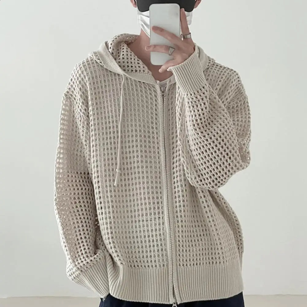Men Knitted Jacket Polyester Fiber Stylish Mens Hip Hop Cardigan with Hollow Out n Zipper Clre Long for Fall 240929