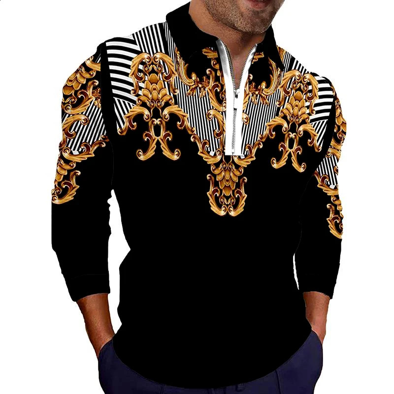 Spring and Autumn Mens Long Sleeve Zipper Polo Shirt Mens Clothing 3D Digital Printing Casual Polo Shirt Mens Sports Business Polo Shirt 240929