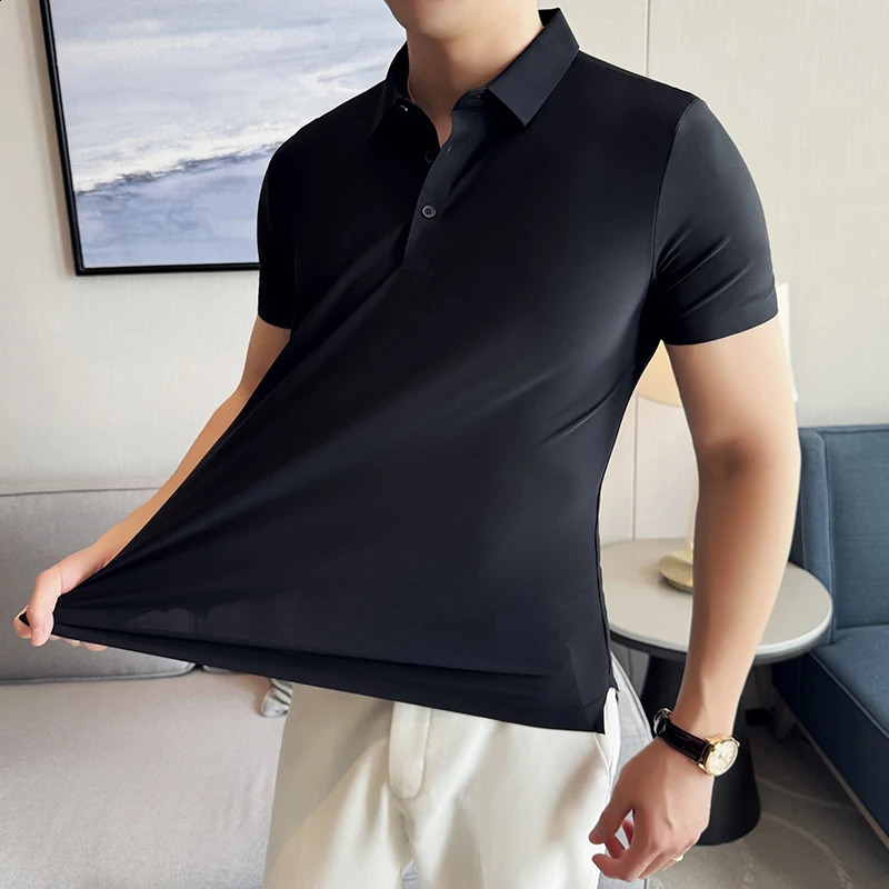 High Elastic Men Polo Shirt 2024 Summer Light and Thin Breathable Ice Silk Solid Color Casual Slim Fit Short Sleeved T shirt 240929
