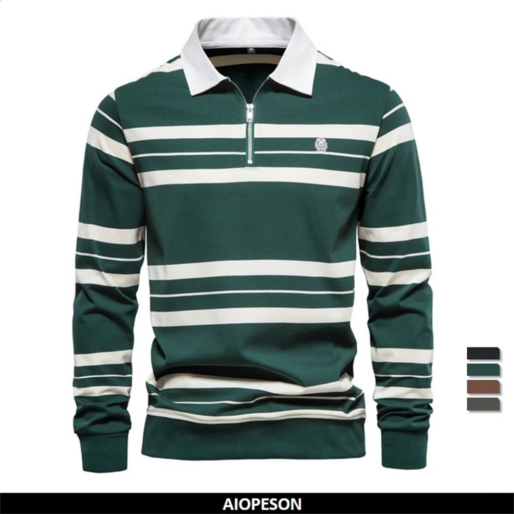 AIOPESON Embroidered Cotton Long Sleeve Mens Polo Shirt Striped Zipper Mens Polo Shirt Spring Autumn Mens Clothing 240929