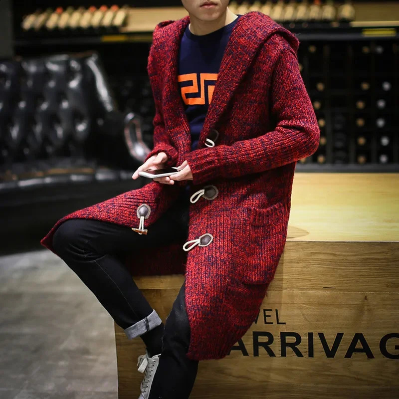 Mens Cardigan Hooded Sweaters Fashion Male Long Men Solid Casual Knit Coat 240929