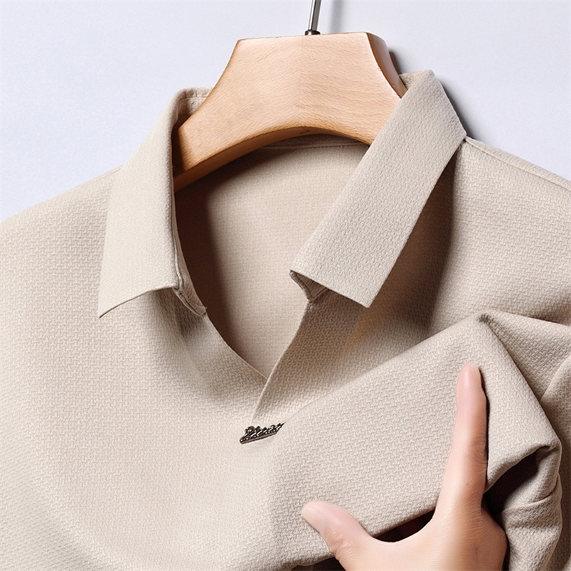 High end mens long sleeved textured polo shirt with collar Spring and Autumn high-quality T-shirt Korean fashion mens clothing 240929