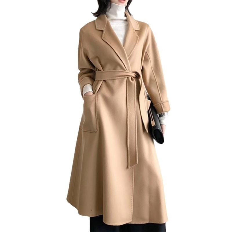 2023 Korean Women Handmade Corrugated Water Ripples Coat Doublesided Cashmere Wool Long Woolen Jacket Outerwear 240910Z