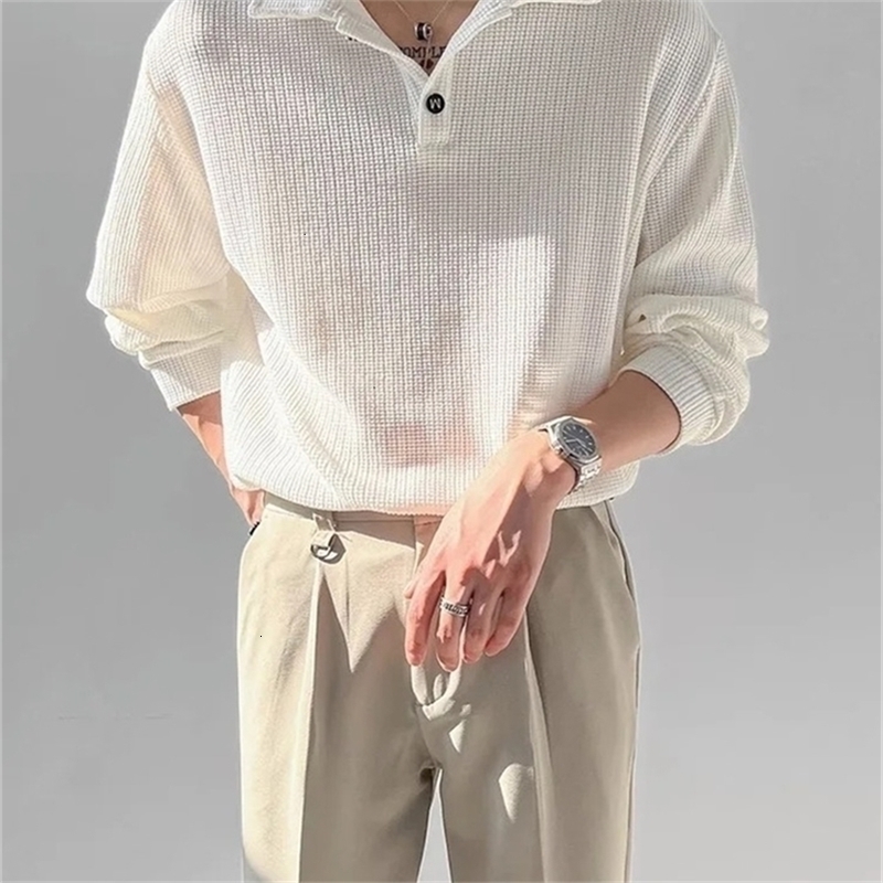 Spring and Autumn Mens Long Sleeve Polo Neck Loose T-shirt Casual Bottom Shirt Breathable Other Fiber Blended Korean Style 240929CJ
