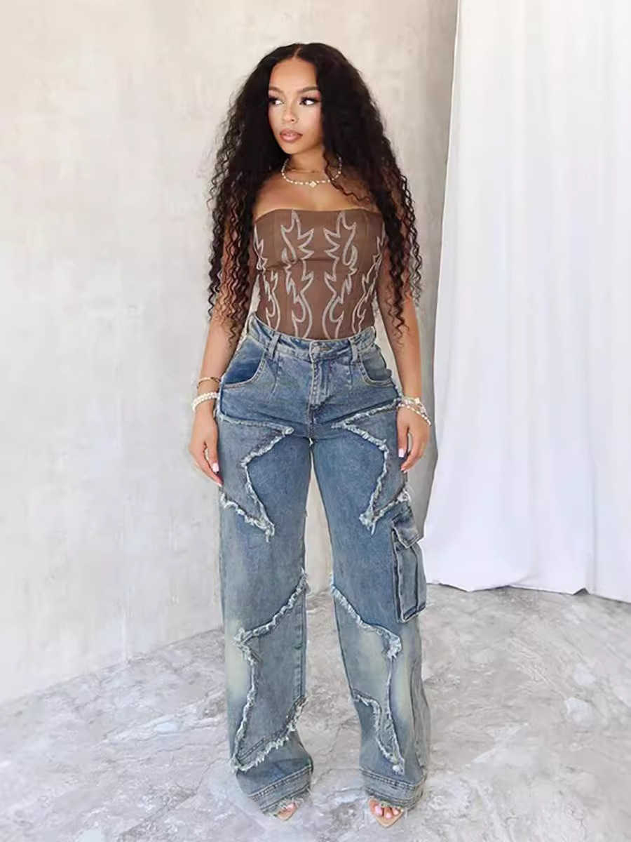 Women's Jeans 2024 Jeans Autumn Winter New Star Fringe Fringe Loose Straight Leg Casual Pants Women T240930