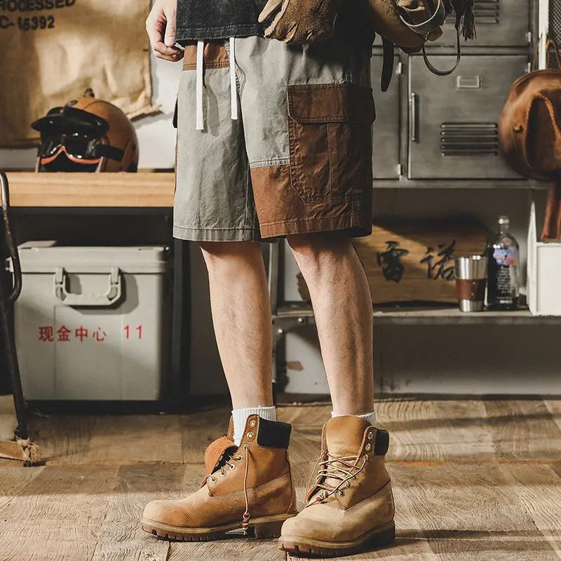 American retro summer casual shorts mens elastic waist tension contrasting color pocket trend loose cargo knee length shorts 240929