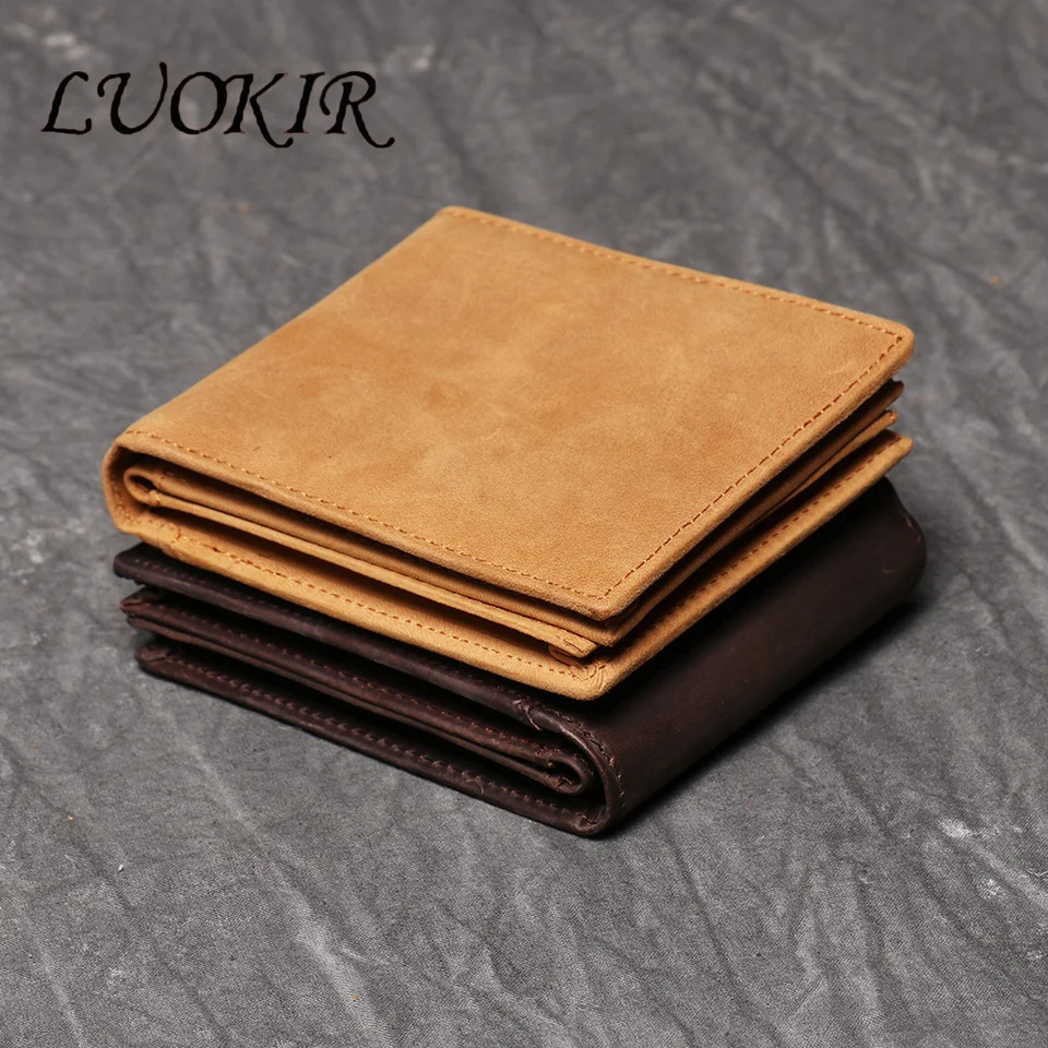 LUOKIR Top Layer Cowhide Short Wallet Genuine Retro RFID Change Clip Crazy Horse Leather Multi Slot Mens Card Ba 9766
