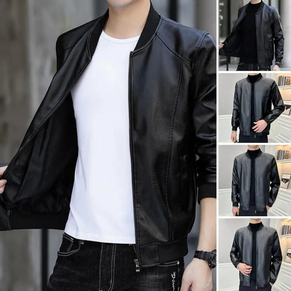 Mens Faux Leather Jacket Slim Fit Zipper Clre with Baseball Uniform Collar Autumn Winter Warm for Sports Offic 240929
