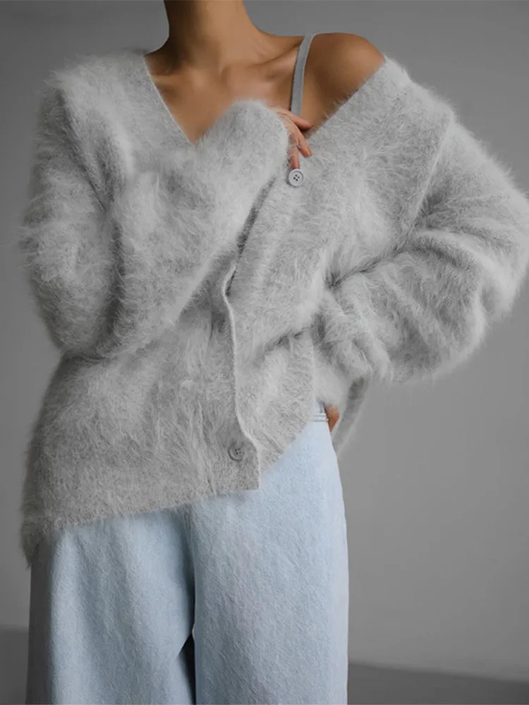 Mink Cardigan Women Autumn Long Sleeve V Neck Knitted Lazy Loose Sweater Female 2024 Fashion Single Breasted Knitwears 240930