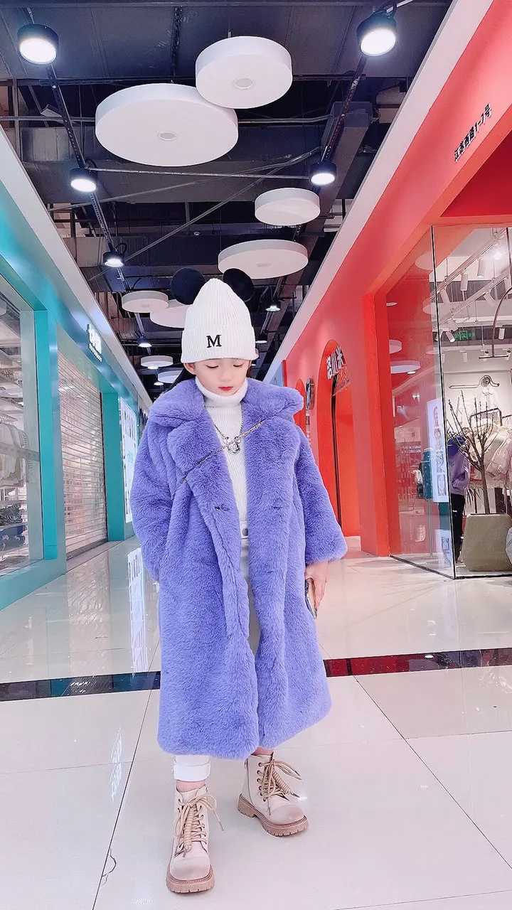 Down Coat Baby girl winter coat boutique clothing imitates fur thick suit collar long fashion 2023 new Korean sweet neutral style H240904-image-1023169153