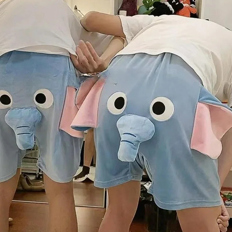 Cute blue womens casual unisex mens summer cartoon elephant embroidery plush pajamas shorts 240929