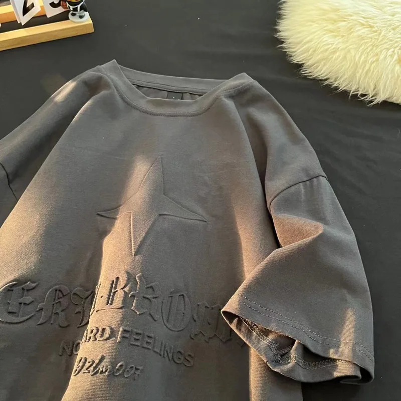 Summer embossed T-shirt mens staff collar streetwear oversized casual T-shirt multi-color neutral top couple T-shirt 240930