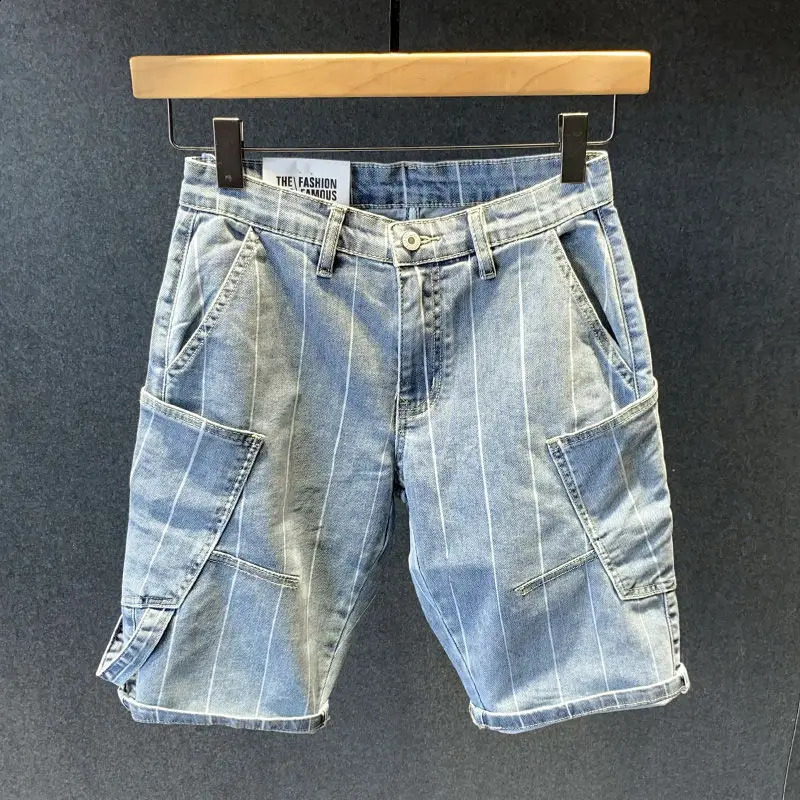 Mens denim shorts pocket striped elastic mens short jeans loose cargo wide graphic Xl Y2k fashionable style retro 240929