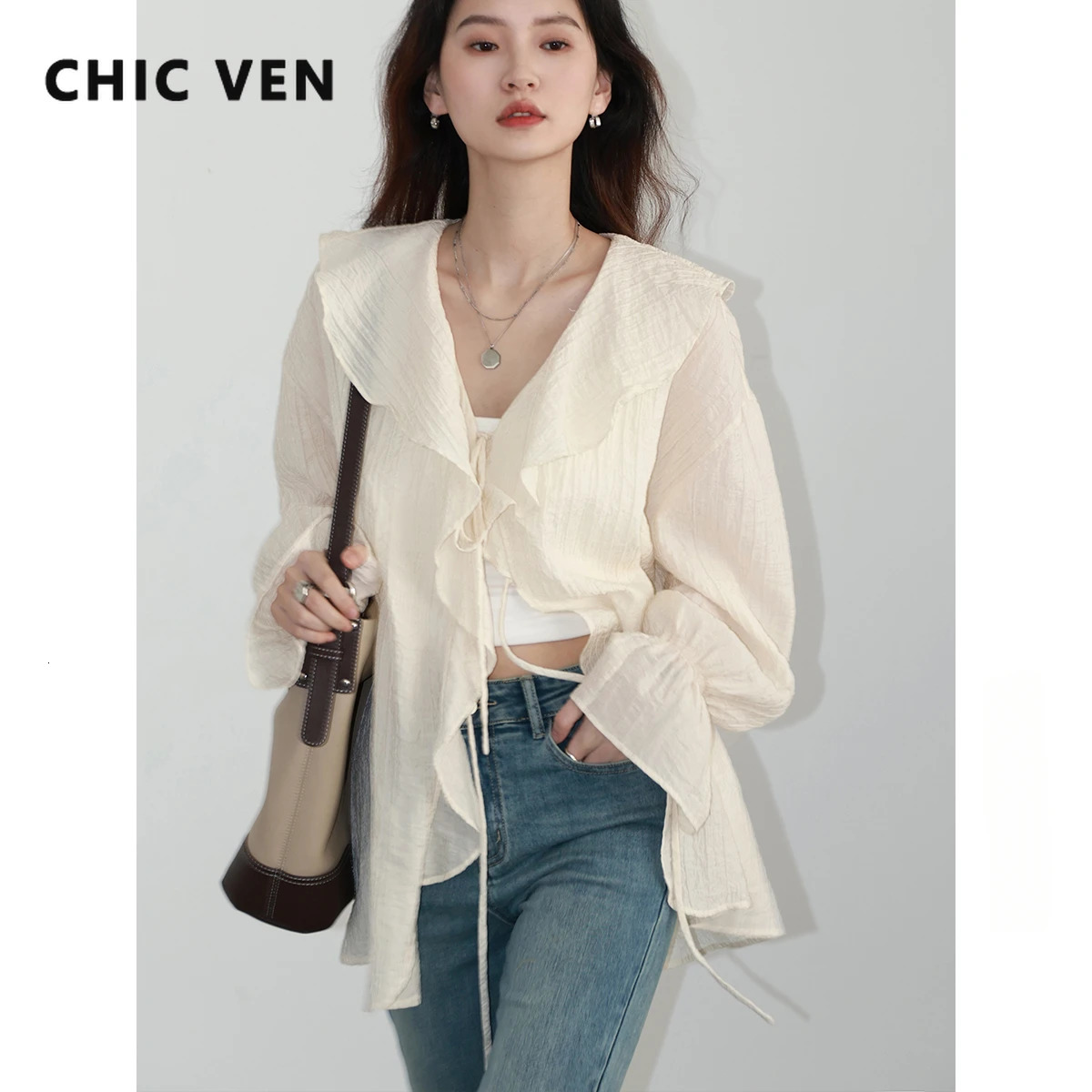 CHIC VEN Women Shirt Loose Casual Ruffled Edges Female Blouses V Neck Lace Up Mid Length Woman Shirts Spring Summer 2024 240930