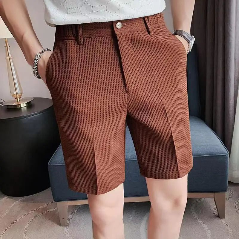 Summer mens waffle thin coffee set shorts streetwear mens clothing Korean casual pocket straight 5-point ice shorts 240929