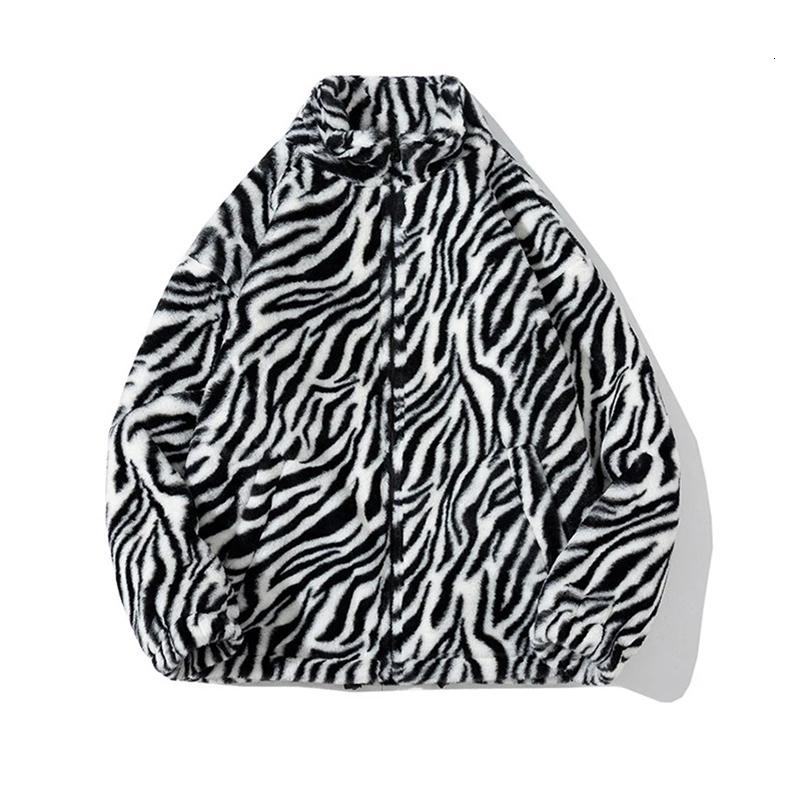 YASUGUOJI Fashion Zebra Pattern Stand Collar Loose Winter Jacket Men 2024 Japanese Streetwear Casual Warm Faux Fur Coat for Men 240929